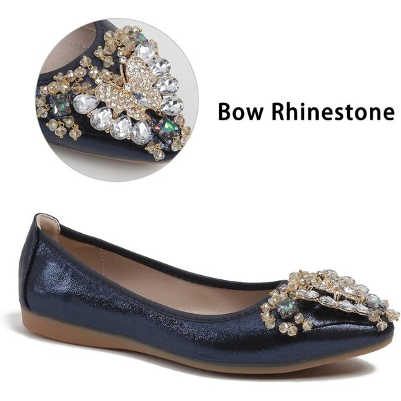 🆕Women Blue Sequin Ballet Flats Rhinestone Bow Wedding Slip On Comfortable Shoe - Picture 2 of 7